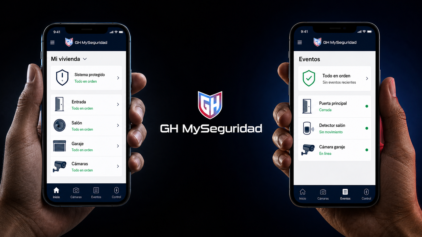 Aplicación móvil GH MySeguridad mostrada en dos teléfonos sostenidos de forma natural