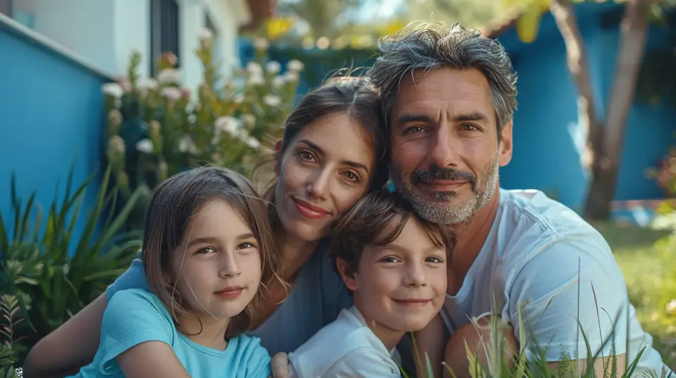 Familia en el exterior de su vivienda