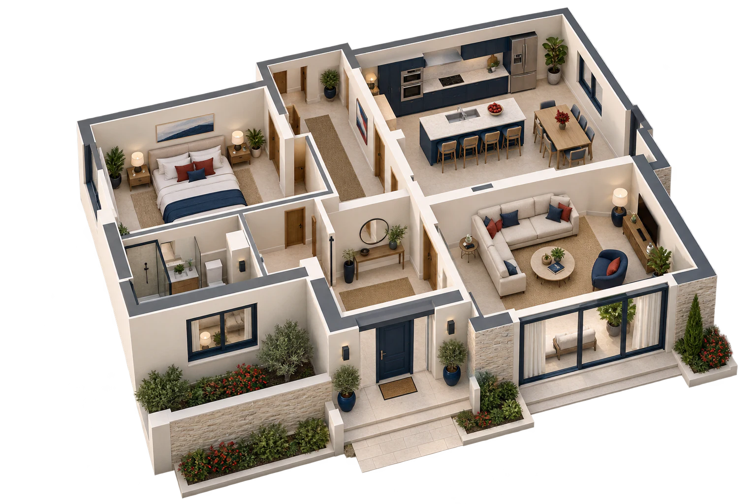 Vista isométrica de una vivienda con entrada, salón, cocina, dormitorio y zonas de paso