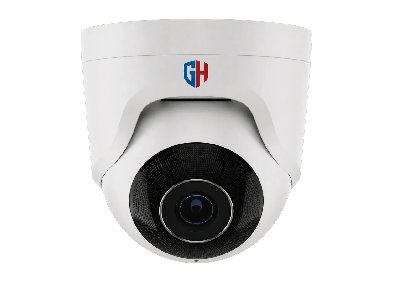 Cámara domo blanca sin fondo con logotipo GH MySeguridad