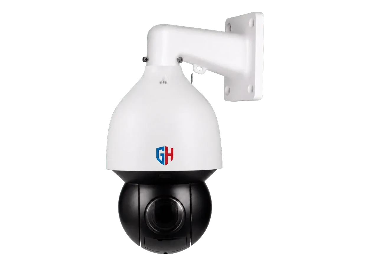 Cámara PTZ blanca sin fondo con logotipo GH MySeguridad