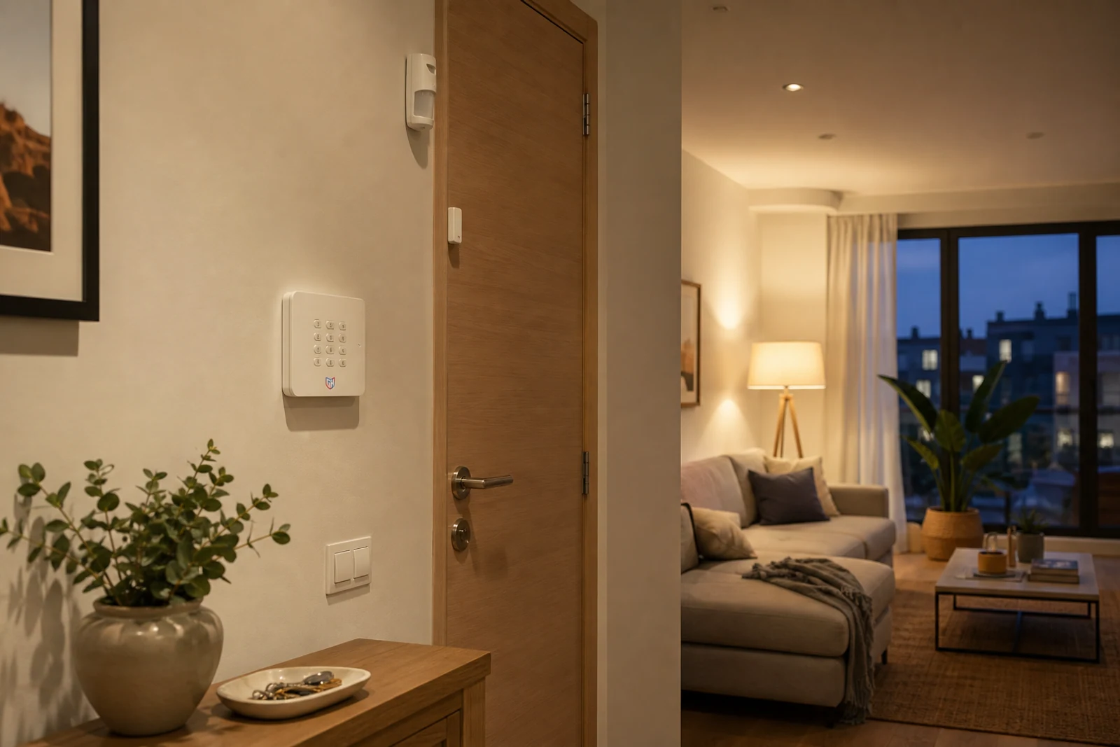Sistema de alarma instalado en la entrada de una vivienda