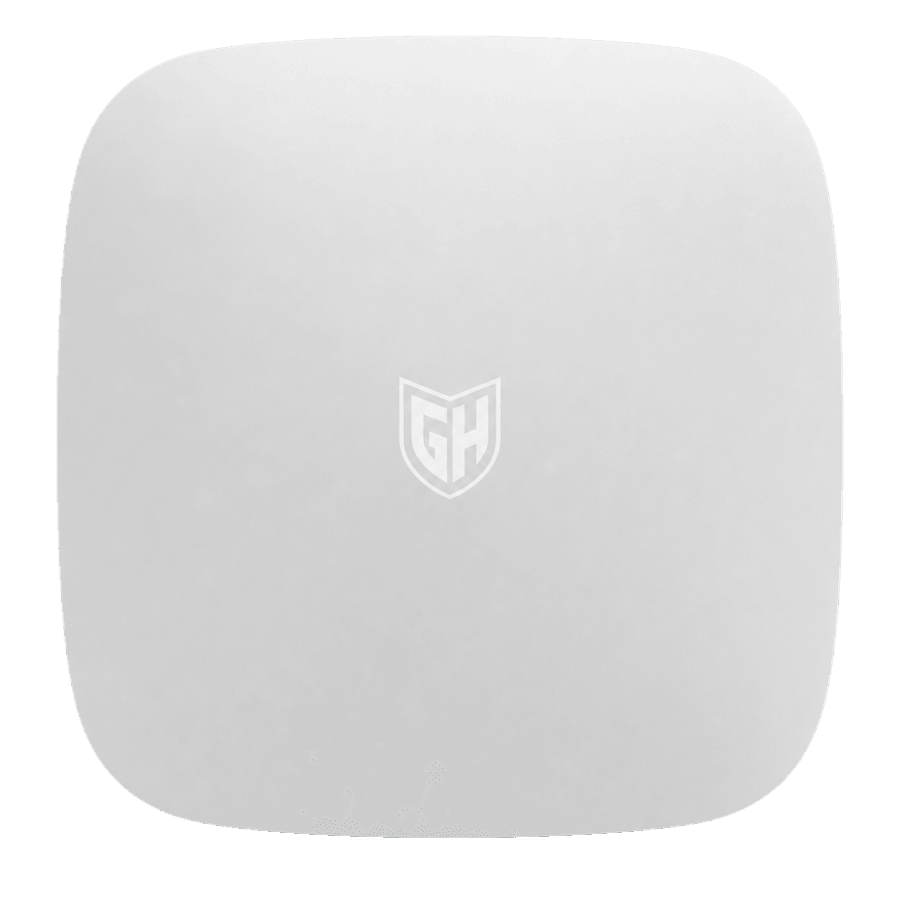 Central de alarma blanca con escudo GH MySeguridad
