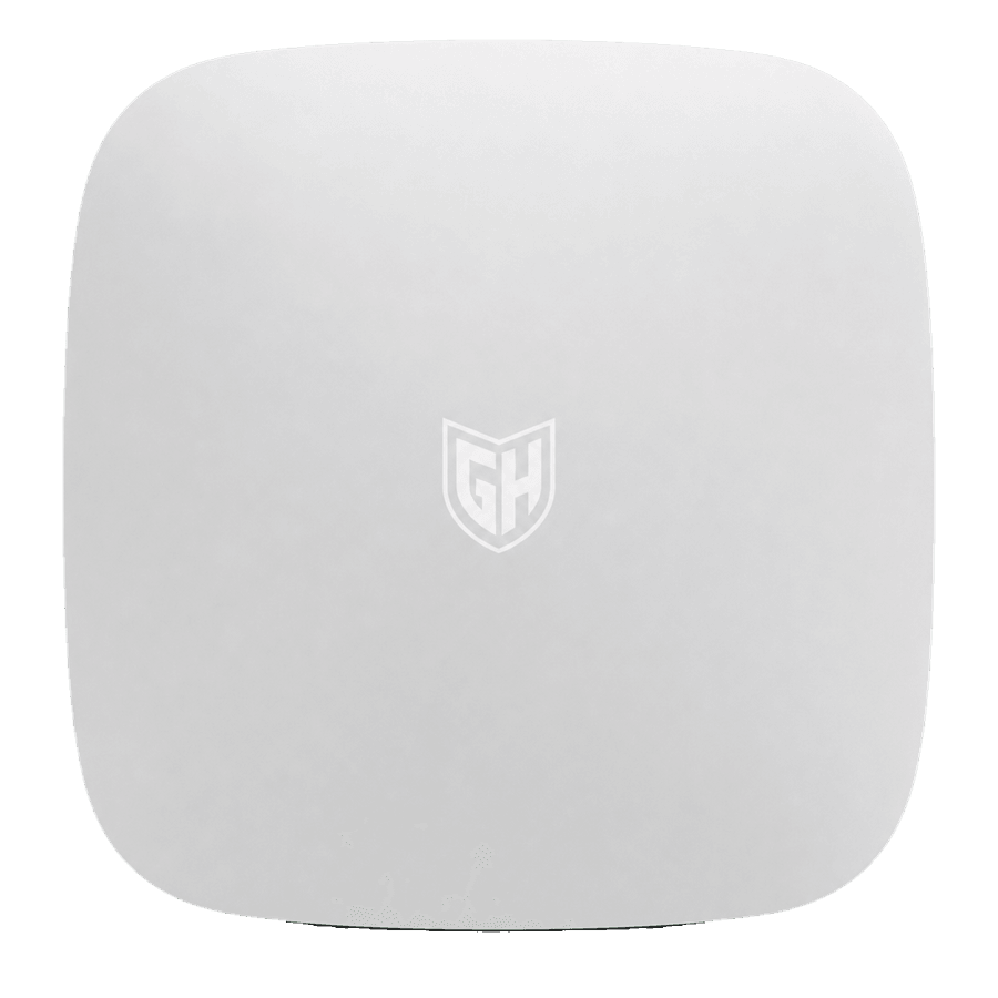 Central de alarma blanca con escudo GH MySeguridad
