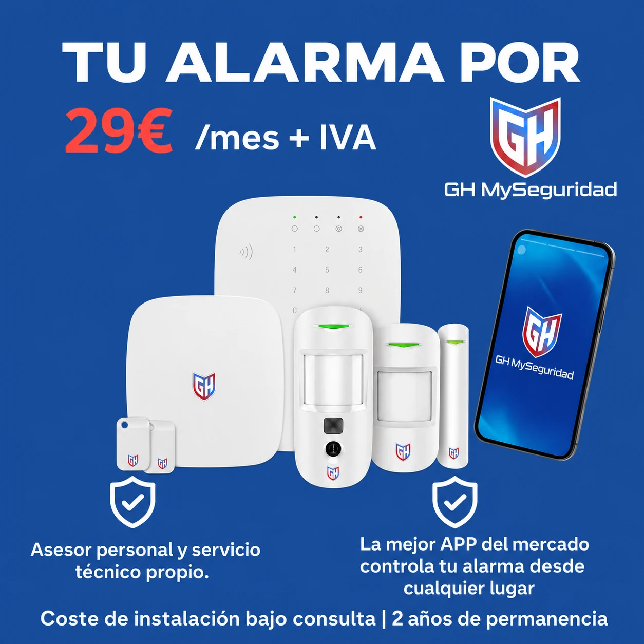 Oferta de alarma GH MySeguridad por 29 euros al mes más IVA, con kit blanco, aplicación móvil y condiciones
