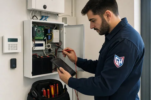 Técnico de GH revisando una instalación de seguridad